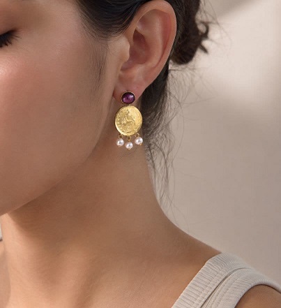 گوشواره دستساز سکه شاهی با سنگ آمیتیس 